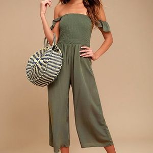 Lulus Olive Off-the-Shoulder Midi Jumpsuit